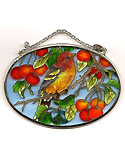 Robin and Cherries: Hand-painted glass Sun Catcher.