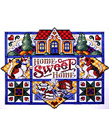 Home Sweet Home! What better sentiment is there to bring back sweet memories? This charming sampler has all the elements of home, a house, a dog, a cat, tea and cake, and a quilt. The cat even has a little golden charm on her collar!