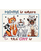 Home is where the cat is, weather is is chasing yarn or just lounging on the sofa, it's home. This counted cross stitch design is by Kooler Design Studio.