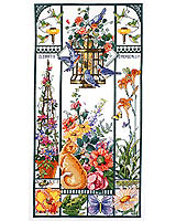 Summer Cat Sampler This golden cat is enjoying watching the birds feeding, and the butterflies and flowers all around. This scene is alive with beautiful color. Design by Nancy Rossi for Kooler Design Studios.