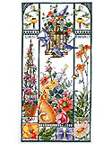 Summer Cat Sampler: Summer Cat Sampler This golden cat is enjoying watching the birds feeding, and the butterflies and flowers all around. This scene is alive with beautiful color. Design by Nancy Rossi for Kooler Design Studios.