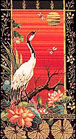 A unique look combined with an Oriental flair. Specialty yarns (gold metallic) and gold beads are used in working this piece. The 12 mesh needlepoint canvas is preprinted with the image.