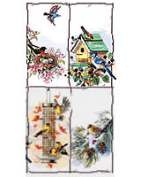 A flurry of feathered friends. A bird for each season captured in this Four Season Birds Counted Cross Stitch bell pull design by ©Nancy Rossi for Kooler Design Studio.