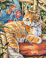 Thoroughly satisfied kitty laying on her favorite chair, with garden plants all around. Counted Cross Stitch design by Nancy Rossi for Kooler Design Studio.