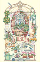 From fountain to topiary, all the playful elements of a gardener's repertoire are gathered to delight the eye. This design, stitched on 14 count ivory Aida, is a perfect gift for a budding landscape architect or just for yourself.