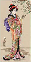 Beauty tenfold ~ Geisha dressed in a sweeping kimono, exquisite obi and wearing elaborate combs in her hair is designed by Nancy Rossi.