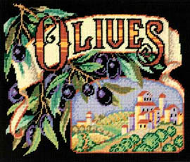 Bountiful Olive Harvest! This impressive Wool Needlepoint design captures a family olive grove and crate label art.