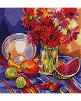 A study in beautiful southwest brilliance. This vibrant still life with it's flowers and fruit enhance the any room.