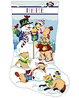 Create a fun Christmas stocking featuring our cheerful snowman and group of critter friends playing in the snow. Accompanying our snowman, you'll find birds, a raccoon, bunnies, a bear, a fox, and very cute little mice. Personalize this sweet, traditional stocking for a the perfect gift for any animal lover!
