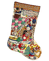 This stocking shows these delightful mice decorating their gingerbread house for the holiday season.