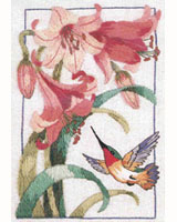 A crewel stitchery piece in a carry around size showing our favorite bird in flight.