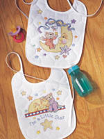 The sweet sentiments, soft colors, and delicate designs of Bucilla's baby collection are sure to delight both the stitcher and the recipient! This Celestial Moon coordinating ensemble includes a crib cover, birth record, growth chart, baby bunting, and mini bib pair.
