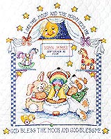 Overwhelming joy ~ "When I see the moon, the moon sees me!" The heart-warming man-in-the-moon looks down in happiness at the birth of a newborn. "God bless the moon and God bless me" all cuddled warm under a cozy hand-made coverlet.