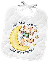 Wearing Moonbeams, celebrate a newborn's arrival "I see the Moon and the Moon sees me!" and "God bless the Moon and God bless me" bibs, ready to dine on all kinds of baby goodies! Eat and drink and the moonbeams absorb all drips and drools on these two brightly colored Stamped Cross-Stitch bibs.