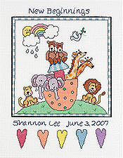 Noah's Ark Birth Announcement is all about "New Beginnings". Remember your childs birthdate with this playful sampler.