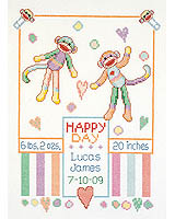 Baby Monkey Sampler Have a lovely permanent record of your baby's birth. These cheerful monkeys will announce it to the world! Stamped Cross Stitch design by Linda Gillum for Kooler Design Studio.