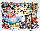 Recall the childhood pleasure and delight of combing the beach for the ocean's offerings; even the smallest of shells was a treasure to cherish. Colors of the sun, sand, and sea are worked on 14 count white Aida to create this delightful montage.