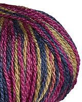 There are 11 colors, both solid and variegated in this well named worsted weight yarn of 50% Merino and 50% Silk. Luxury for everybody.