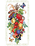 Nature's Gifts - PDF: Luscious Colorful Fruits -  It's only the best for you with this rendering of fruits of the orchard and vineyard depicted at the peak of perfection. The bunch is tied up with ribbons and feathers with beautiful butterflies floating by to sample the harvest. 