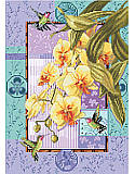 Welcome nature into your home with this breathtaking piece that flaunts gorgeous hummingbirds and cascading yellow orchids. The background of lavender and aqua have Asian motifs, bamboo border and layers of detail not usually seen in cross stitch. We are proud of this elegant design.

