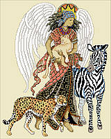 This angel of the safari is dressed in traditional tribal clothing and surrounded by the wild animals of Africa.
