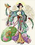 Japanese Angel - PDF: This Japanese angel delights in her traditional kimono dress with flowing sleeves and vibrant cherry blossom designs while holding exotic birds.
