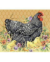 We are clucking over this darling barred Plymouth Rock Hen!  
Our hen with chicks in the pansy garden design has to be the easiest way to add some barnyard pals to your home. This fine hen wont be cooped up and could not be more fitting for your farmhouse kitchen. The perfect mate for our King of the Roost. Check out the rest of the Kooler chicken and rooster decor collection.
