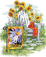 Summer Garden Flag by designer Linda Gillum is an abundant and beautiful display for summer relaxing. With sunflowers, stepping stones and a blanket to keep you cozy in your Adirondack chair on a summer afternoon. The addition of a garden flag makes this a modern take on backyard beauty.