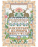 This clever and unique sampler design features two playful bunnies surrounded by a lovely and intricate ribbon and floral border. A touch of Art Nouveau design makes this classic and beautiful sampler a treasured heirloom. Adds an especially charming touch to any Easter décor or enjoy year round
