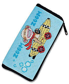 He really is Going Bananas! Monkey thinks riding in a banana is the best racing car there is. This eyeglass / cellphone case is a design by Linda Gillum.