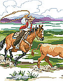 Working Cowboys - PDF: The old west is perfectly depicted in this large scene of cowboys roping cattle on the range. 