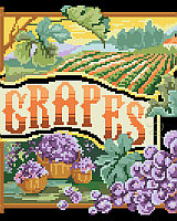 Fruit Crate style design of bountiful grapes is lusciously depicted by designer Barbara Baatz Hillman. When stitched on black fabric, this design is striking. This is a great companion piece to Crate Label Pears.