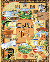 A display of many exciting and colorful pictures of coffee and teas. 