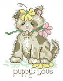 Puppy Love - PDF: Share your 'puppy love' for cute canine companions with this adorable puppy cross stitch. This sweet pup has been playing in the garden and it's covered in flowers. This quick stitch would be great for commemorating the arrival of a new pup!
