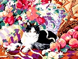 Portraying gentle charms, endearing qualities and irresistible sweetness, this royal pampered pussy reposes comfortably atop a soft, cushy sofa surrounded by fruits of the harvest. At day's end, the cares of the world melt away as this loveable kitty welcomes you home.