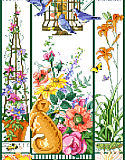Summer Cat Sampler - PDF: This golden cat is enjoying watching the birds feeding, and the butterflies and flowers all around. 