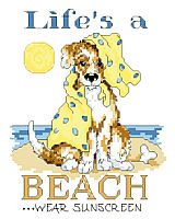 Life’s a beach says it all, with this playful and scruffy little pup by Linda Gillum.