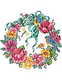 Floral Wreath - PDF : Bring an outdoor charm to your walls with this colorful wreath boasting vibrant hues.This design showcases an abundance of springtime blossoms artfully arranged and features colorful flowers in various stages of bloom, brimming with hot pink,coral, and yellow flowers, accompanied by a bluebird and dragonfly.
