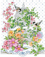 Your dreams are sure to bloom in this vibrant cross stitch! This design features adorable birds sitting outside a delicate, white bird cage among an explosion of yellow and pink blossoms.
