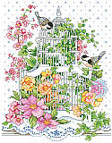 Blossoming Bird Cage - PDF: Your dreams are sure to bloom in this vibrant cross stitch! This design features adorable birds sitting outside a delicate, white bird cage among an explosion of yellow and pink blossoms.
