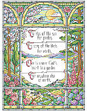 Garden Reflections - PDF: Give your home décor a touch of Tiffany style with this cross stitch that bears a poignant inspirational quote: "The kiss of the sun for pardon, The song of the birds for mirth, One is nearer God’s Heart in a garden Than anywhere else on earth."
