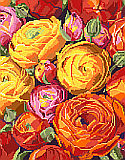 Ranunculus - PDF: An explosion of orange, red, yellow and pink fill this fabulous design by Nancy Rossi. One of our classic florals, this depiction of Ranuncula's in full bloom is a beauty.  This design can be worked up in cross stitch, big stitch or needlepoint as there is no back-stitching.