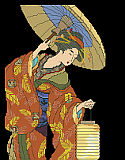 Asian Woman - PDF: This dramatic wood block style design by Nancy Rossi will live in harmony in any Asian décor. The elegant Asian Woman leans in to her glowing lantern to light her way against a black background. 
