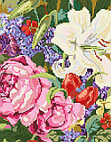 Lily and Roses - PDF: Lilies, roses, lilacs and tulips abound in this classic floral bouquet design by designer Nancy Rossi. 
