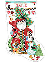 This folk art Santa makes a quaint figure on this stocking showing simple Christmas décor.
