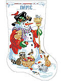 Snowman and Friends Stocking - PDF: Frosty's woodland friends are gathered around to share their winter harvest. 