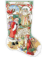 Add old world, vintage appeal to your Mantel during the holiday season with this cross stitch stocking displaying a heartwarming scene featuring this collection of Santas.