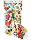 Santa Collage Stocking - PDF: Add old world, vintage appeal to your Mantel during the holiday season with this cross stitch stocking displaying a heartwarming scene featuring this collection of Santas.