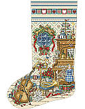 Music Room Heirloom Stocking - PDF: This delightful stocking features a Victorian-inspired music room complete with a violin, piano, trumpet, cello and other instruments. Placed on a fireplace mantle the vintage colors and a musical theme lend a 19th century charm to any holiday decor.
