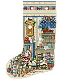 Holiday Study Heirloom Stocking - PDF: The holidays bring families together to create memories that last a lifetime. Celebrate those special moments with this stunning cross-stitch stocking designed by Sandy Orton.   This sitting room is overflowing with sentimental charm, from the traditional clock on the wall to colorful choo choo train on the floor. This piece is sure to evoke memories of wonderful Christmases past.